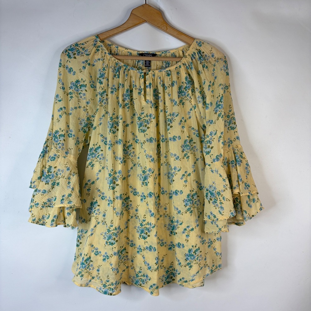 Chaps Blouse Womens Large Yellow Blue Floral Tiered Bell Sleeve Peasant Top